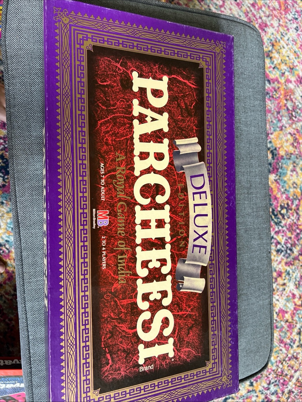 Vintage Complete Parcheesi Board Game Box - Purple & Gold Design